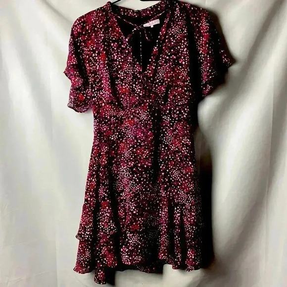 PARKER WOSIZE SMALL FLORAL DRESS RUFFLED SLEEVES BLACK W/ RED PURPLE GEO DESIGN - Picture 1 of 15